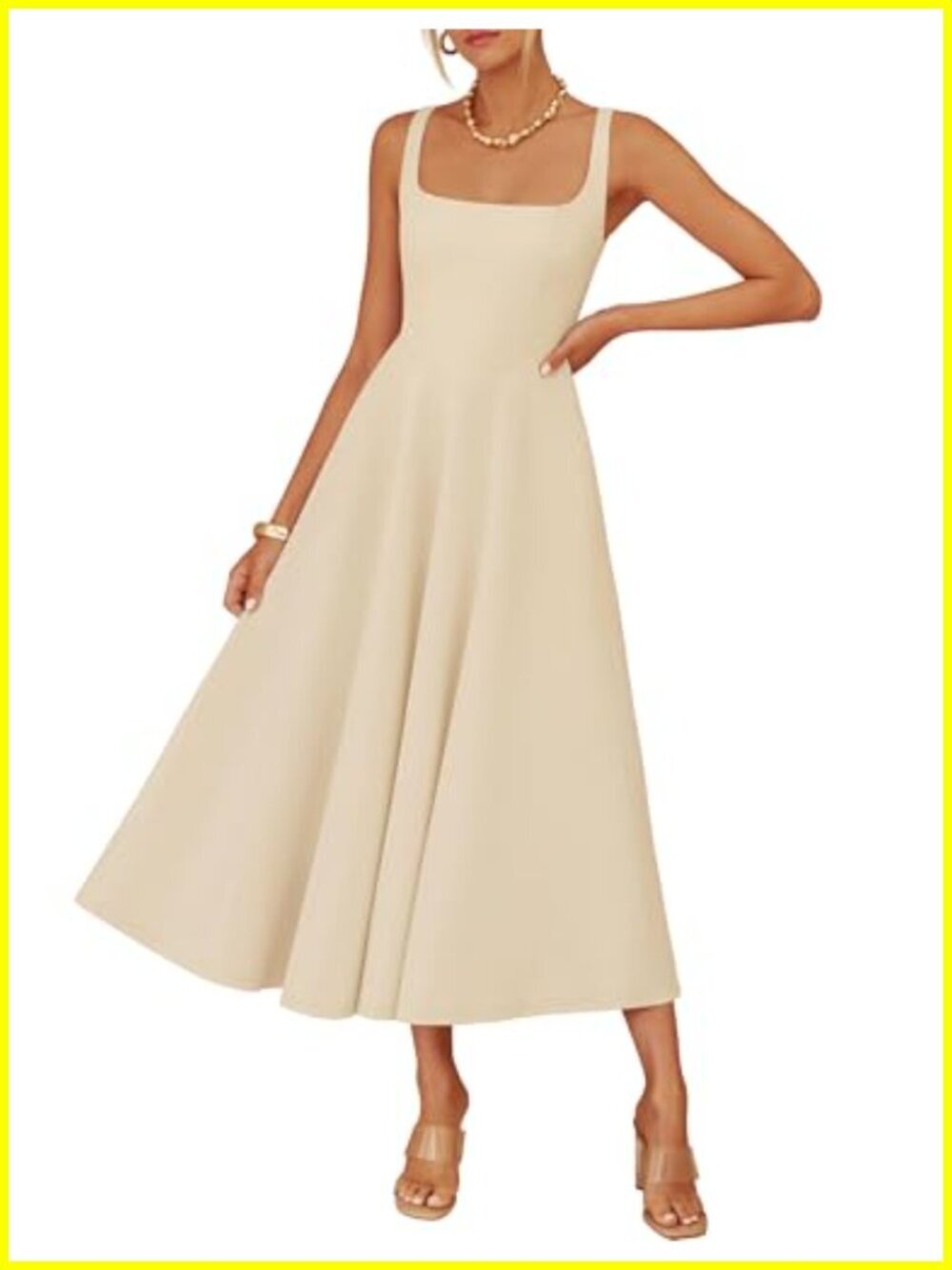 Sleeveless Square Neck A-Line Midi Dress with Pockets Flowy Summer Midi